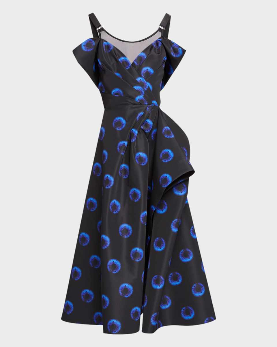 Eye-Print Draped Illusion Midi Day Dress